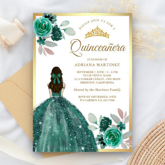 Emerald Green Dress Floral Gold Quinceanera Einladung