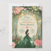 Emerald Green Dress Gold Floral Forest Mis Quince Einladung (Vorderseite)