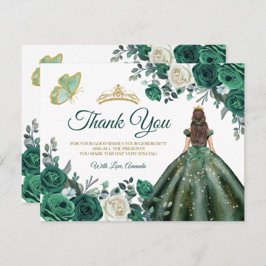 Emerald Green Dress Quinceañera Gold Crown Dankeskarte (Vorne/Hinten)