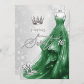 Emerald Green Dress Snowflakes Winter Sweet 16 Einladung (Vorne/Hinten)