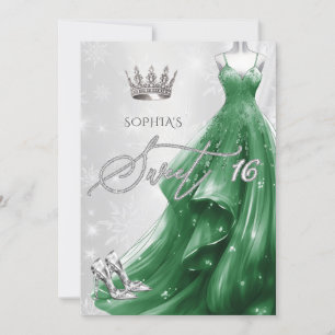 Emerald Green Dress Snowflakes Winter Sweet 16 Einladung