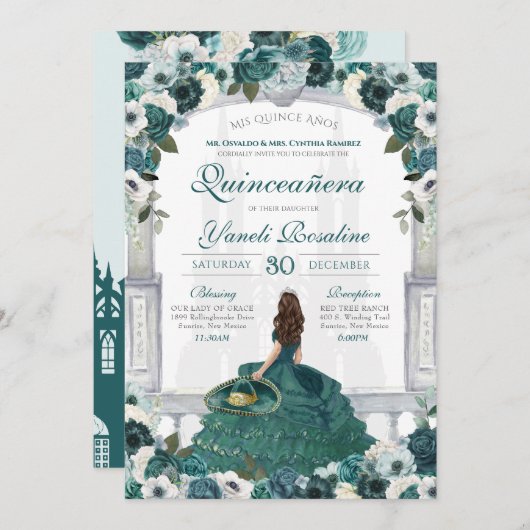 Emerald Green Eleganess Prinzessin Charro Quincean Einladung (Vorne/Hinten)