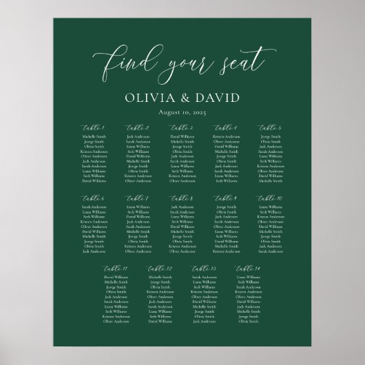 Emerald Green Elegant 14 Tabelle Seating Chart Poster (Vorne)