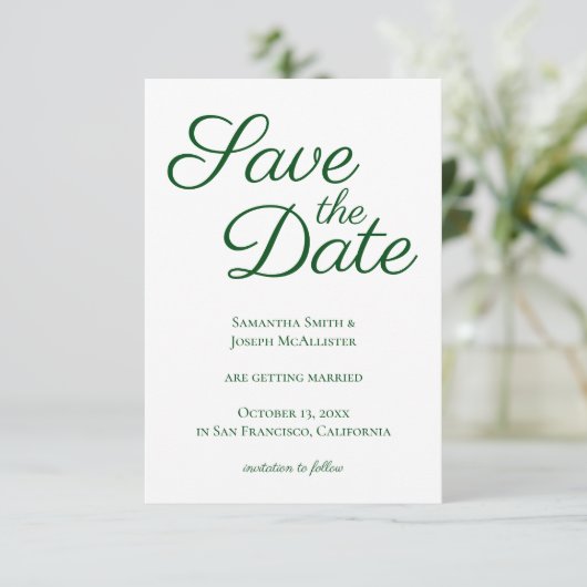 Emerald Green Elegant Calligraphy Save the Date Einladung (Stehend Vorderseite)