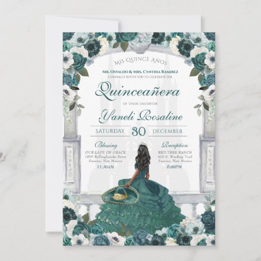 Emerald Green Elegant Charro Princess Quinceanera Einladung (Vorderseite)