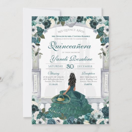 Emerald Green Elegant Charro Princess Quinceanera Einladung (Vorderseite)