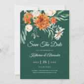 Emerald Green Elegant Floral Orange Foto Wedding Save The Date (Vorderseite)