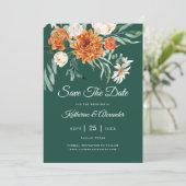 Emerald Green Elegant Floral Orange Foto Wedding Save The Date (Stehend Vorderseite)
