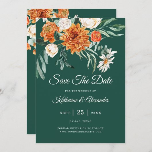Emerald Green Elegant Floral Orange Foto Wedding Save The Date (Vorne/Hinten)