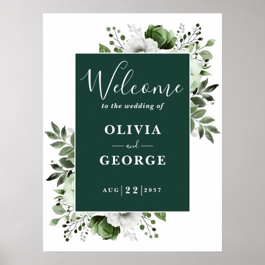 Emerald Green Elegant Floral Wedding Welcome Sign Poster (Vorne)