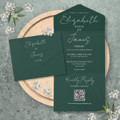 Emerald Green Elegant Script QR Code Hochzeit All In One Einladung