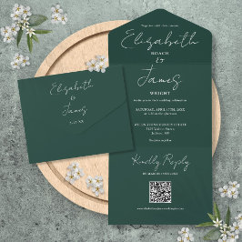 Emerald Green Elegant Script QR Code Hochzeit All In One Einladung
