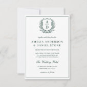 Emerald Green Elegant Wappen Monogram Wedding Einladung (Vorderseite)