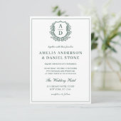 Emerald Green Elegant Wappen Monogram Wedding Einladung (Stehend Vorderseite)