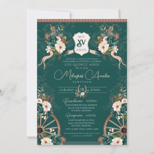 Emerald Green Elegante Baroque Charro Quinceanera Einladung (Vorderseite)