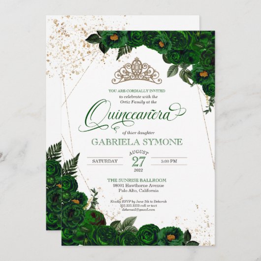 Emerald Green Elegante Rose Mis Quince Quinceanera Einladung (Vorne/Hinten)