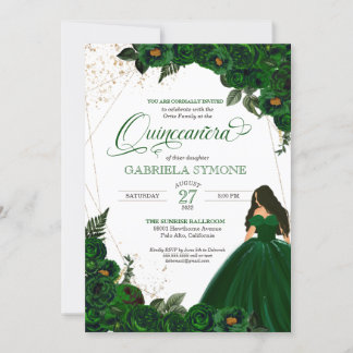 Emerald Green Elegante Rose und Gown 2 Quinceanera Einladung
