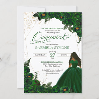Emerald Green Elegante Rose und Gown 2 Quinceanera Einladung