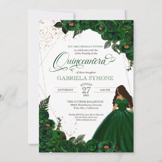 Emerald Green Elegante Rose und Gown 2 Quinceanera Einladung (Vorderseite)