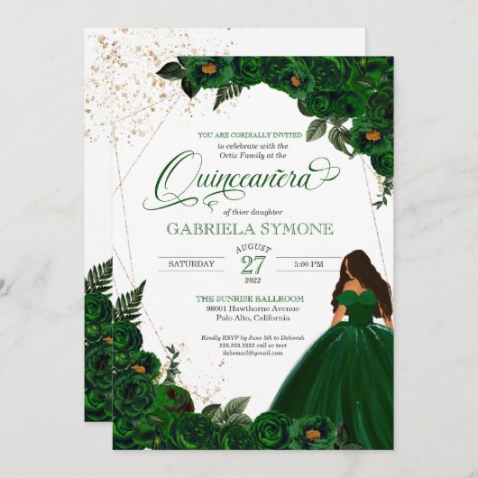 Emerald Green Elegante Rose und Gown 2 Quinceanera Einladung (Vorne/Hinten)