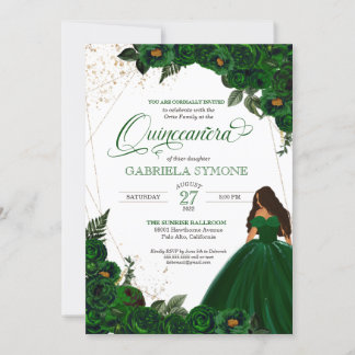 Emerald Green Elegante Rose und Gown 2 Quinceanera Einladung