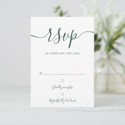 Emerald Green Elegante Script Simple Modern RSVP Karte (Stehend Vorderseite)
