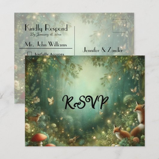 Emerald Green Enchanted Forest Wedding RSVP Einladungspostkarte (Vorne/Hinten)