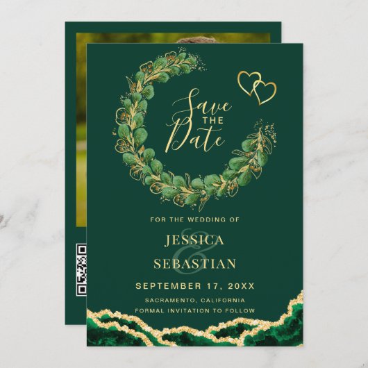 Emerald Green Eucalyptus Agate Foto Elegante Save The Date (Vorne/Hinten)