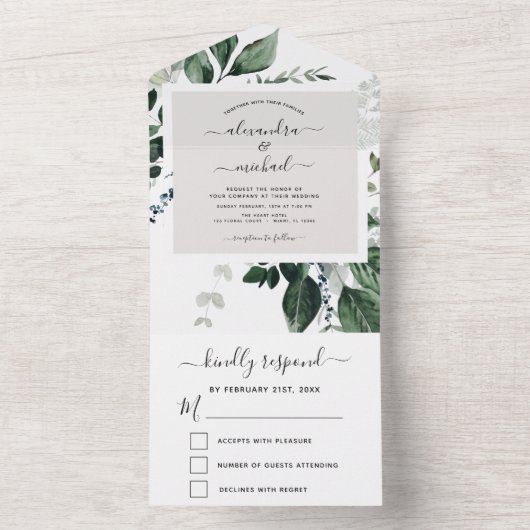 Emerald Green Eucalyptus Greenery Wedding RSVP All In One Einladung (Innen Boden)