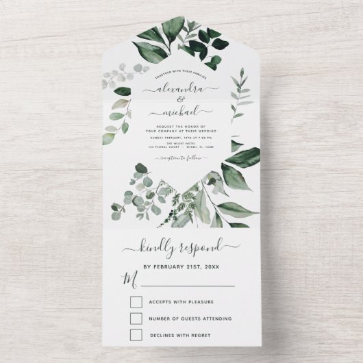 Emerald Green Eucalyptus Greenery Wedding RSVP All In One Einladung (Innen Boden)