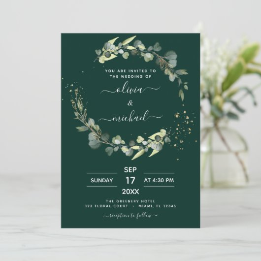 Emerald Green Eucalyptus QR Code Wedding Einladung (Stehend Vorderseite)