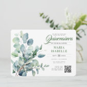 Emerald Green Eucalyptus Sage QR Code Quinceañera Einladung (Stehend Vorderseite)