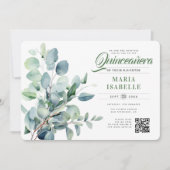 Emerald Green Eucalyptus Sage QR Code Quinceañera Einladung (Vorderseite)