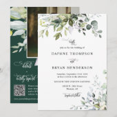 Emerald Green Eucalyptus Wedding QR Code Foto Einladung (Vorne/Hinten)