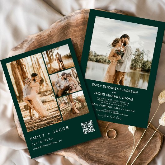 Emerald Green Five 5 Foto QR-Code Hochzeit Einladung