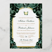Emerald Green Floral Arch Butterfly Wedding Gold Folieneinladung (Vorderseite)