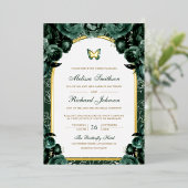 Emerald Green Floral Arch Butterfly Wedding Gold Folieneinladung (Stehend vorne)