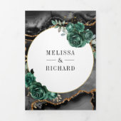 Emerald Green Floral Black Marble QR Code Wedding Dreifach Gefaltete Einladung (Cover)