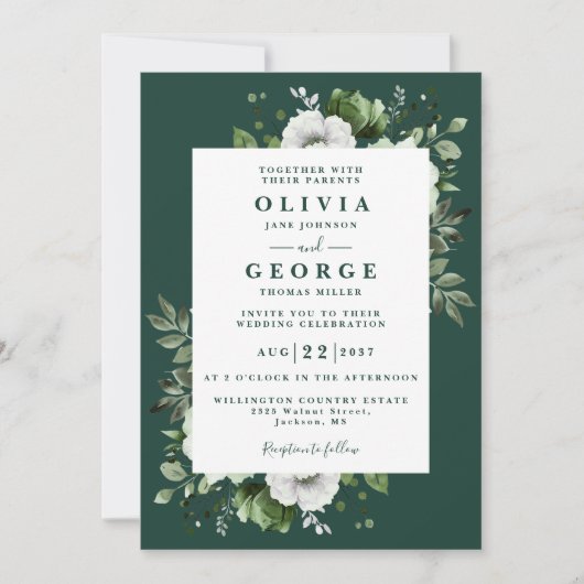 Emerald Green Floral Botanical Modern Wedding Einladung (Vorderseite)