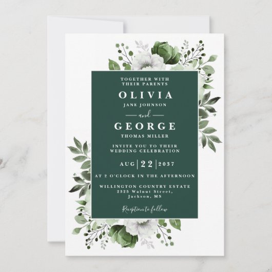 Emerald Green Floral Botanical Modern Wedding Einladung (Vorderseite)