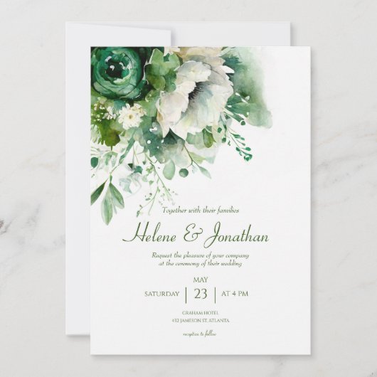 Emerald Green Floral Botanical Wedding Einladung (Vorderseite)