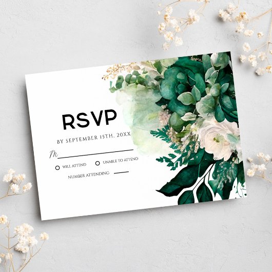 Emerald Green Floral Botanical Wedding RSVP Karte