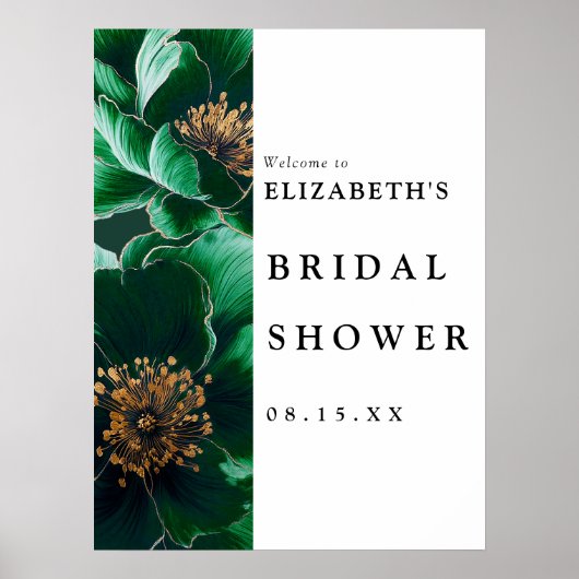 Emerald Green Floral Brautparty Begrüßungszeichen Poster (Vorne)