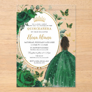Emerald Green Floral Brown Princess Quinceañera Acryleinladungen
