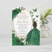 Emerald Green Floral Brown Princess Quinceañera Einladung (Stehend Vorderseite)