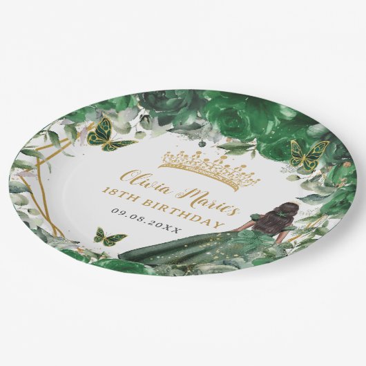 Emerald Green Floral Brown Prinzessin 18. Geburtst Pappteller (Schrägansicht)