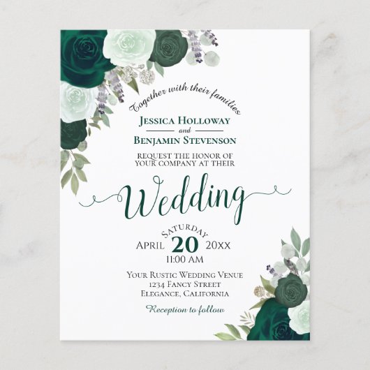 Emerald Green Floral BUDGET Einladung zur Hochzeit (Vorderseite)
