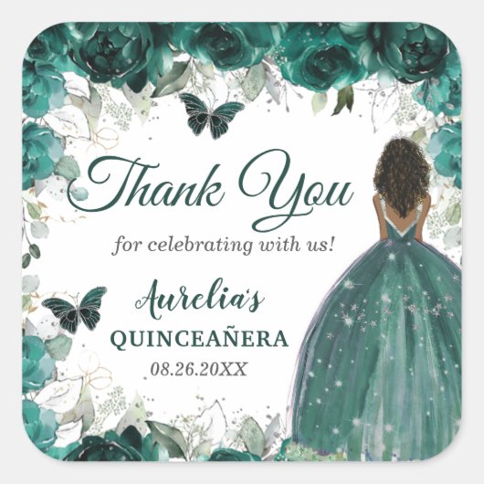 Emerald Green Floral Butterfells Brown Princess Quadratischer Aufkleber (Vorderseite)