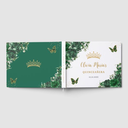 Emerald Green Floral Butterfells Gold Quinceanera Gästebuch (Voll)