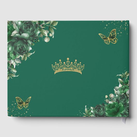 Emerald Green Floral Butterfells Gold Quinceanera Gästebuch (Rückseite)